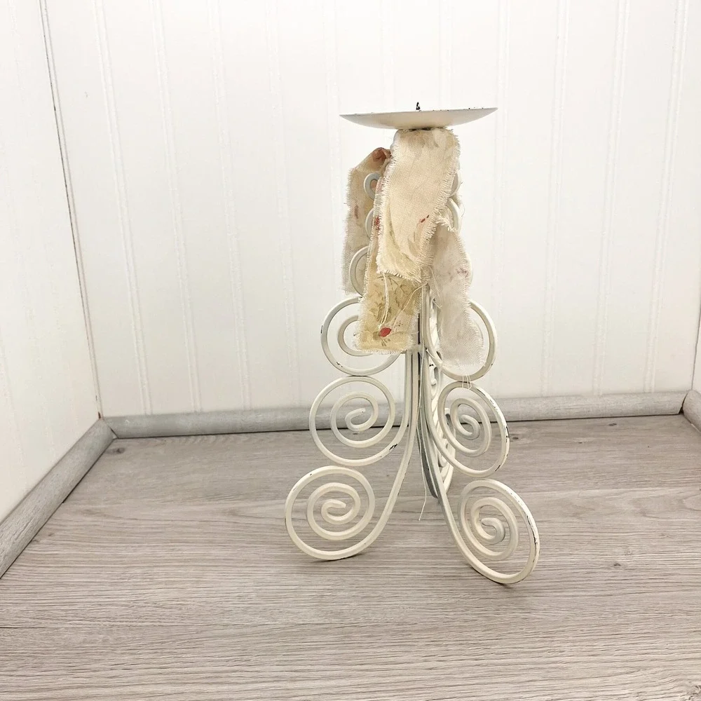 Vintage Shabby Chic Candle Holder: Weathered White Iron, Floral Burlap